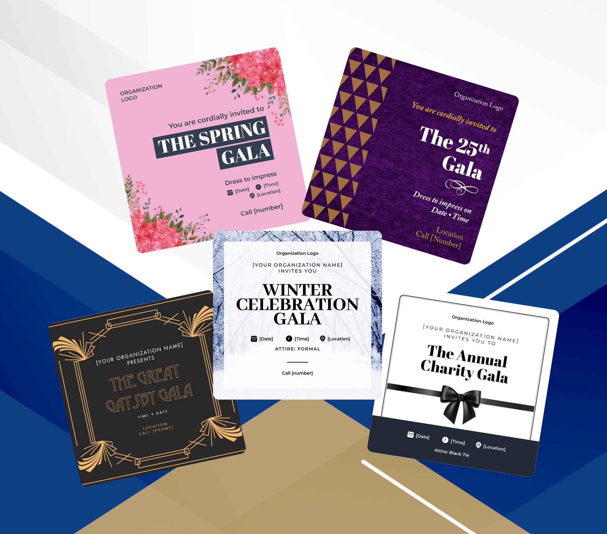A collage of the five themed fundraiser save the date card templates you’ll get when you download this free resource from Winspire.