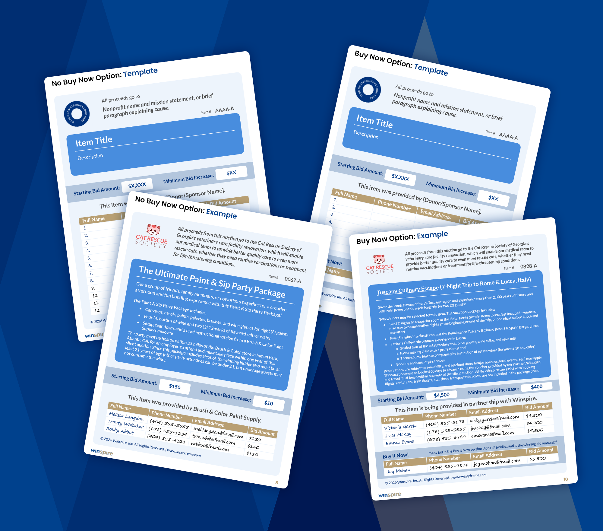 A collage of the templates and examples featured in Winspire’s silent auction bid sheet download collection.