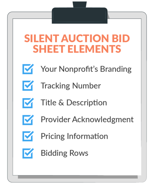 This checklist graphic shows six elements that every silent auction bid sheet should include, which are discussed in more detail below.